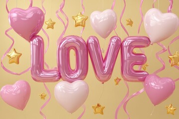 Metallic pink balloons spelling the word 'love' float against a soft yellow backdrop adorned with heart shapes and star accents