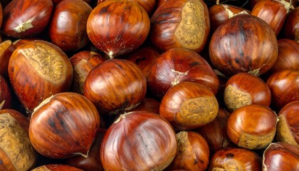 A close-up shot of a pile of freshly harvested, glossy, brown chestnuts