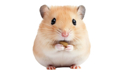 A cute hamster holding a piece of food in its paws against a white background