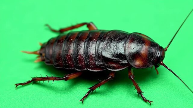 Close up of a large brown cockroach with long antennae on a vibrant green background.