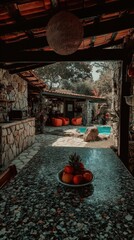 Outdoor dining area with pool view.