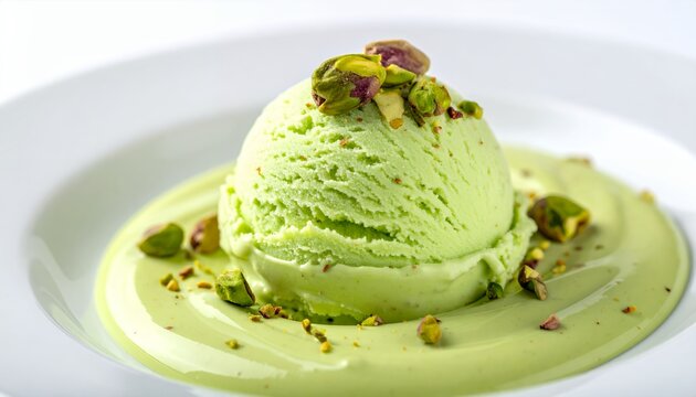 Delicious Pistachio Ice Cream Scoop with Toppings on White Plate.