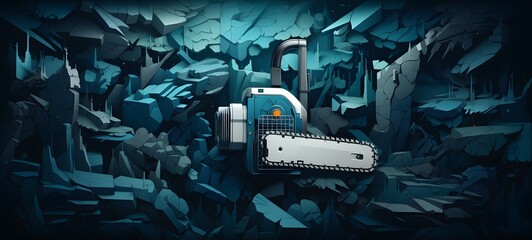 Chainsaw woodpatterns and geometric fractal fadeout ombre aqua to deep Blue tone ink,generative AI