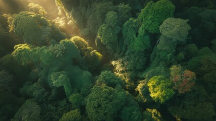 Fototapeta premium Aerial view of lush green forest canopy with dramatic sunbeams filtering through, evoking a sense of wonder and natural beauty, jungle illustration.