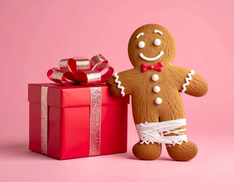 Festive Gingerbread Man with Gift Box on Pink Background.