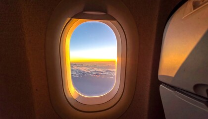 Sunrise or sunset view framed by the plane window, golden light reflecting on clouds