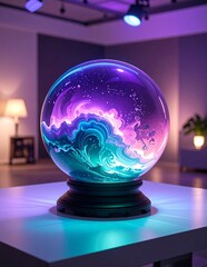 Mystical Crystal Ball with Nebula Inside on Table.