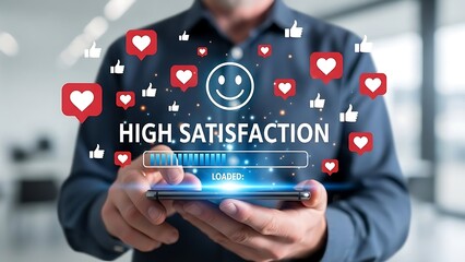 Hands Holding Smartphone with Holographic High Satisfaction Interface and Positive Feedback Icons