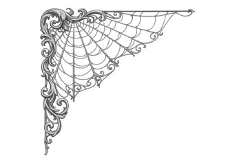 Silver ornamental corner decoration with filigree spider web design on transparent background, gothic vintage style element