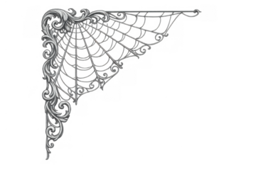 Silver ornamental corner decoration with filigree spider web design on transparent background, gothic vintage style element
