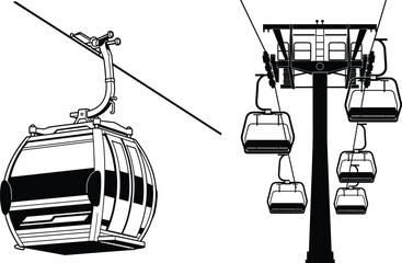 Cable car gondola lift silhouette vector illustration, aerial ropeway cabins and support tower design, mountain transport system isolated on white background © MdMeherul