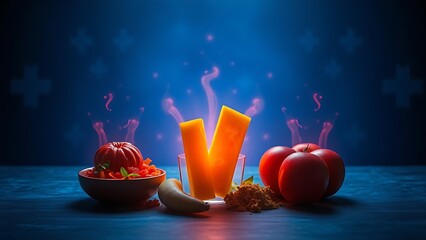 Artistic still life of five traditionally avoided foods surrounded by glowing anti-inflammatory auras
