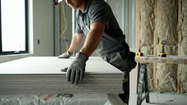 Construction worker handling drywall sheets on a building site.