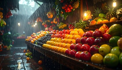 Vibrant Fruit Stand Displayed in Rainy Outdoor Market.