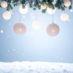 Winter Wonderland - Snow-Covered Landscape with Festive Ornament Decorations.