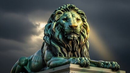 Fototapeta premium Majestic bronze lion statue with dramatic stormy sky and sun rays