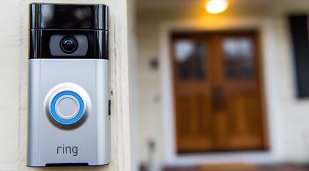 Ring doorbell security system on a house.