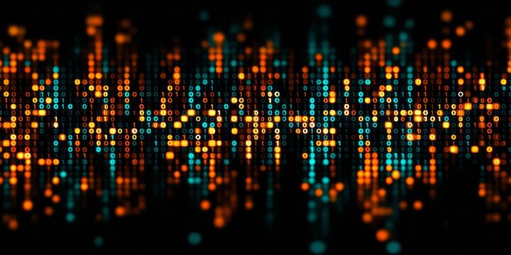 Digital data streams flow with binary code in glowing orange and blue.