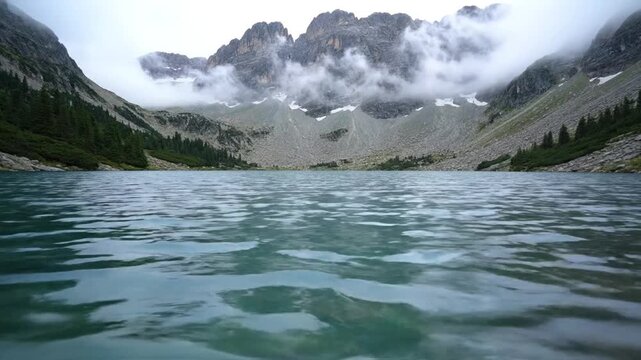 Serene Mountain Lake with Misty Peaks and Rippling Water Surface. - Powered by Adobe