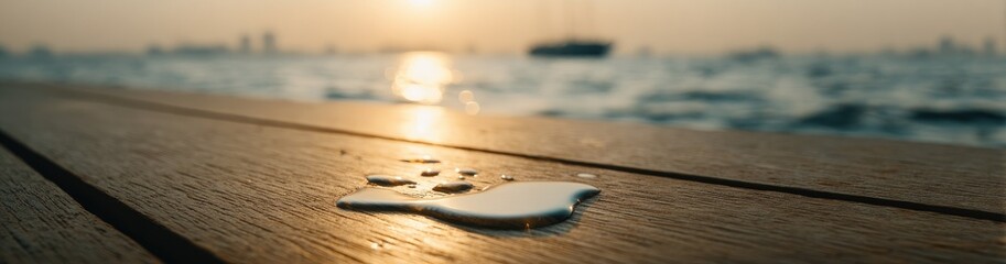 Serene Seascape with Melting Ice on a Wooden Surface at Dusk.