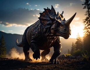 Fototapeta premium Triceratops galloping across the beautiful morning landscape 美しい朝の大地を疾走するトリケラトプス