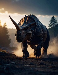Fototapeta premium Triceratops galloping across the beautiful morning landscape 美しい朝の大地を疾走するトリケラトプス