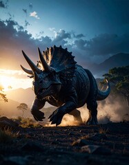 Fototapeta premium Triceratops galloping across the beautiful morning landscape 美しい朝の大地を疾走するトリケラトプス
