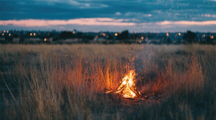 Small campfire burning in a grassy field at twilight.