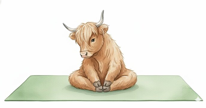 Cute Highland Cow Practicing Yoga Bound Angle Pose Watercolor Illustration