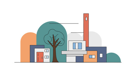 Obraz premium Modern architectural illustration showcasing a minimalist building design with a tall chimney and surrounding trees.