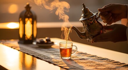 Hot Tea Being Poured into a Small Glass with Warm Lantern Light Creating a Serene Atmosphere