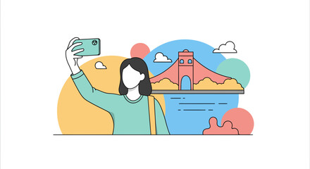 Obraz premium Woman taking a selfie with a bridge in the background travel concept.