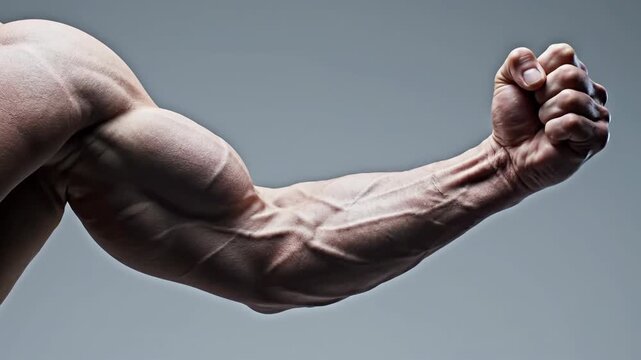 Close up of a muscular arm flexing against a neutral background
