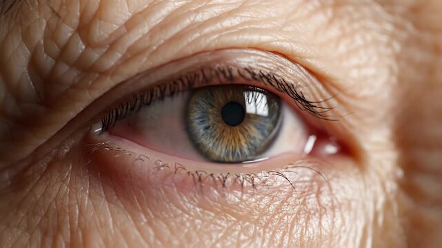 Close up of human eye with detailed iris and visible skin texture