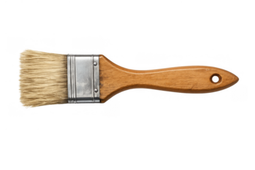 Paintbrush with wooden handle and natural bristles lying horizontally, a common tool for home renovation and art projects on transparent background