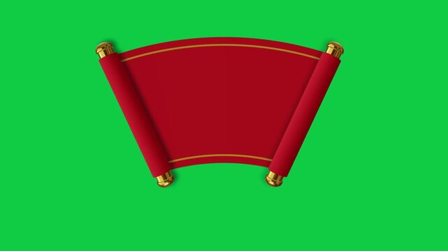 red and gold chinese scroll is opening. animated chinese new year parchment on green screen