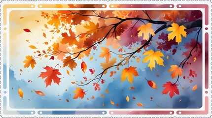 Naklejka premium Vibrant autumn leaves falling against colorful sky background