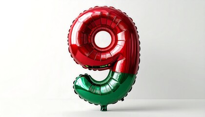 A shiny foil balloon in the shape of the number nine, with red and green segments