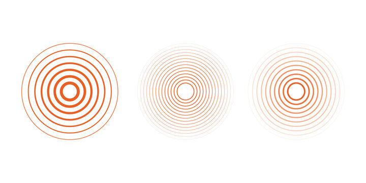 Red concentric ripple circles set. Sonar or sound wave rings collection. Epicentre, target, radar icon concept. Radial signal or vibration elements.