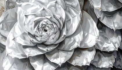 Shiny silver and white metallic flower sculpture with intricate layered petals and a dark center.