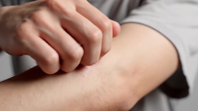 Close up of a persons hand scratching an itchy arm
