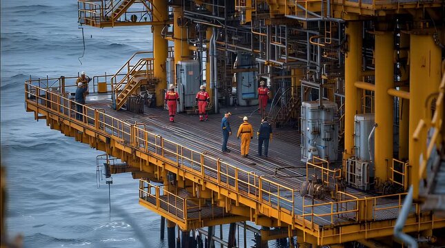 Industrial workers on an offshore platform inspecting equipment in the open sea