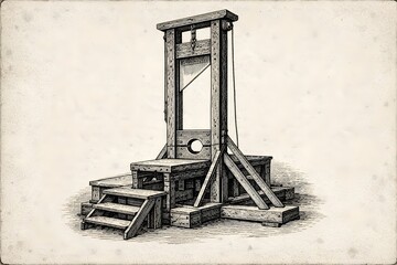 An illustrations of a French guillotine representing justice law and social order in revolutionary France. Cultural and historical reference imagery inspired by old books and archives.