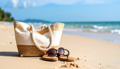 Woven beach bag, sunglasses, and flip-flops on a sunny tropical sand beach with a blue ocean.