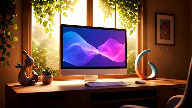 Sunny Home Office Refresh: Inspiring Workspace Improvements with Modern Desktop Computer Setup, Enhancing Productivity and Comfort by a Bright Window.