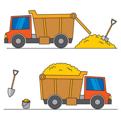 Flat vector illustration of a toy construction truck hauling and dumping sand, featuring a shovel and bucket. Perfect for children's educational material or construction themes.