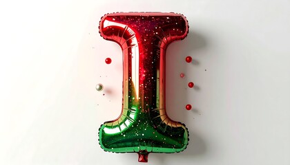 Large, shiny, colorful capital "I" balloon with small decorative balls scattered around