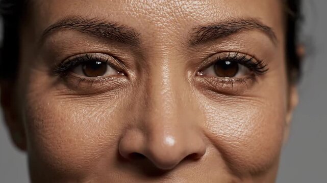 Close up of a womans eyes looking straight ahead neutral expression