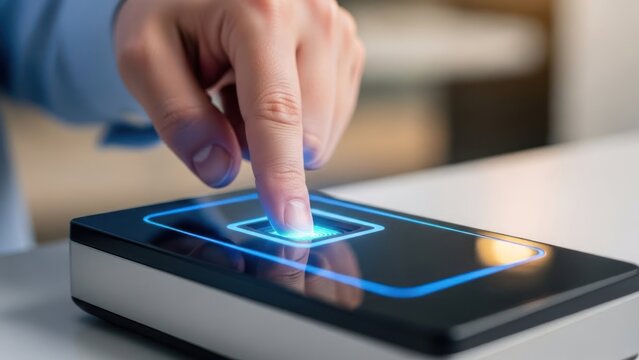 Fingerprint scanner for biometric security access, close-up of finger touching sensor - Powered by Adobe