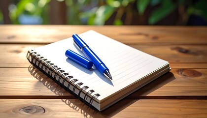 Notebook with pen rests on wooden table with sunlight shining on it